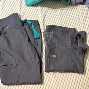 Figs Slate Gray Cargo Pants with Turquoise Tie